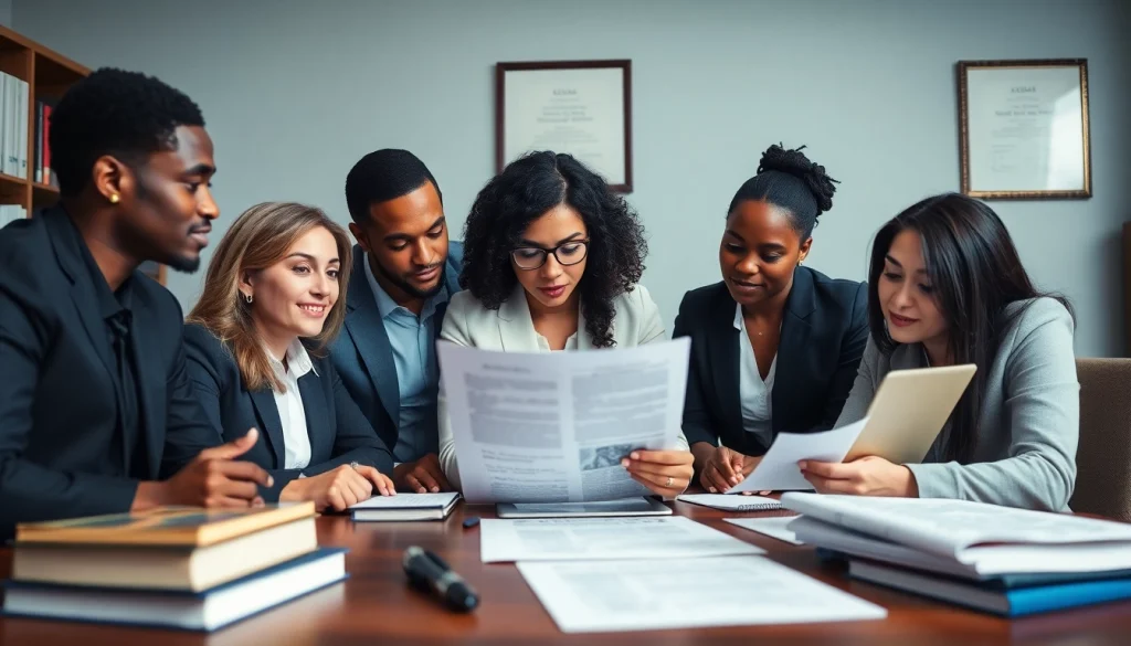 Legal professionals discussing a personal injury claim in a trusted law office setting, showcasing determination and expertise.