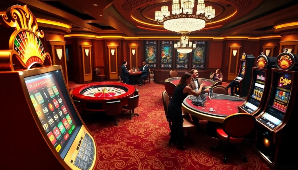 A captivating casino experience at tr88vip.co.com showcasing players engaged at roulette and poker tables.