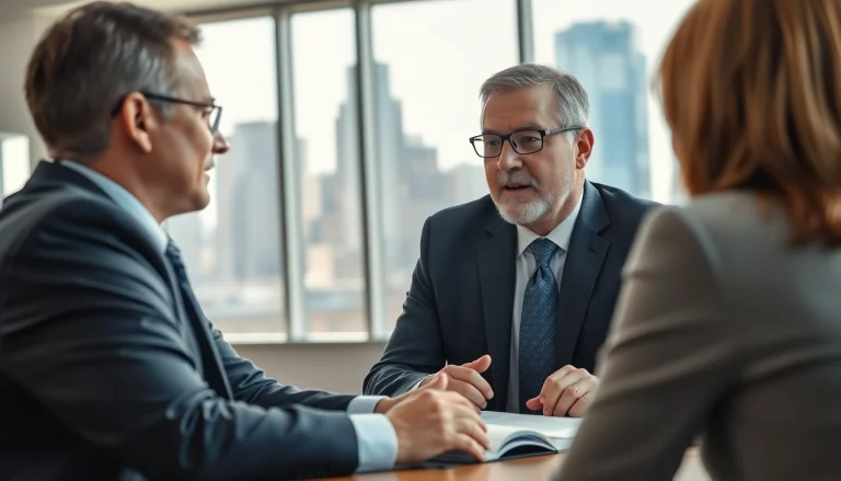 Eminent domain lawyer advising a client in a well-lit office, fostering trust and professionalism.