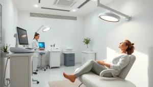 医療脱毛 おすすめ: 専門的な医療クリニックの治療室を撮影した写真で、高度なレーザー機器とリラックスした患者を写しています。