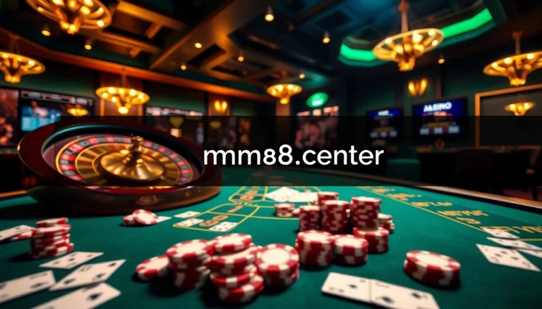 Experience the thrill of online gambling at http://mm88.center/ with vibrant casino visuals featuring roulette and poker elements.