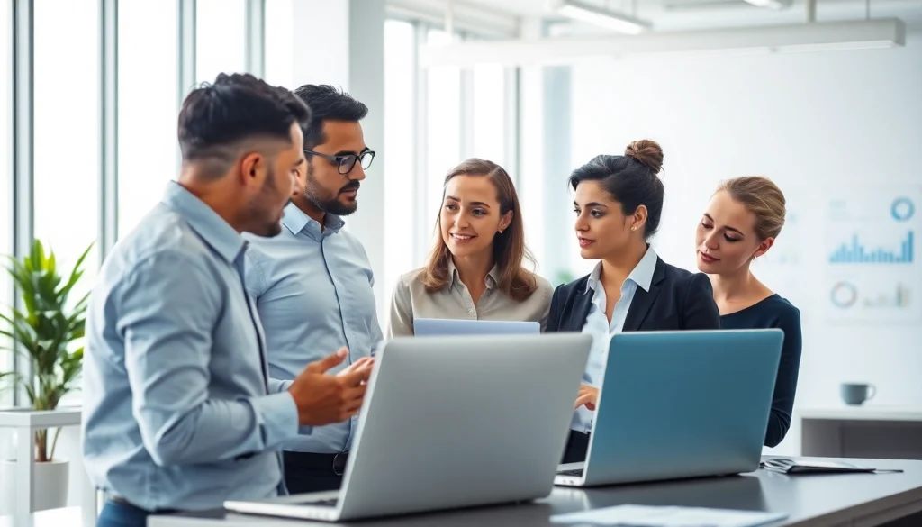 Showcasing sales recruiting services team discussing strategies in a modern office.