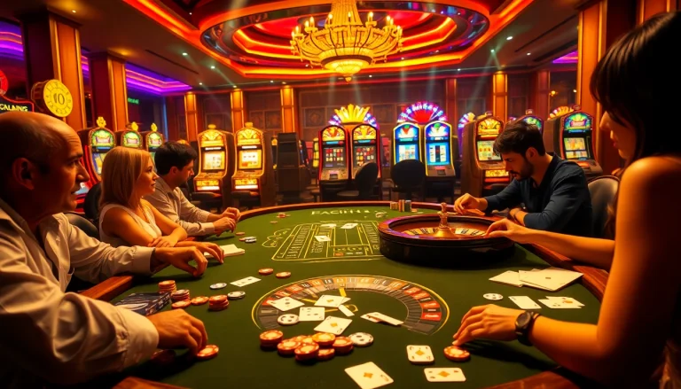 Experience the thrill of gambling at https://rr88.navy/ with vibrant casino games and players at a poker table.