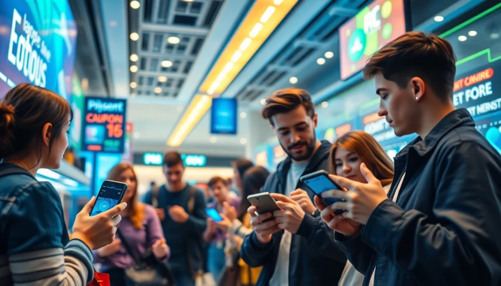 Shopping scene with customers using ドスパラ クーポン to purchase high-tech products.