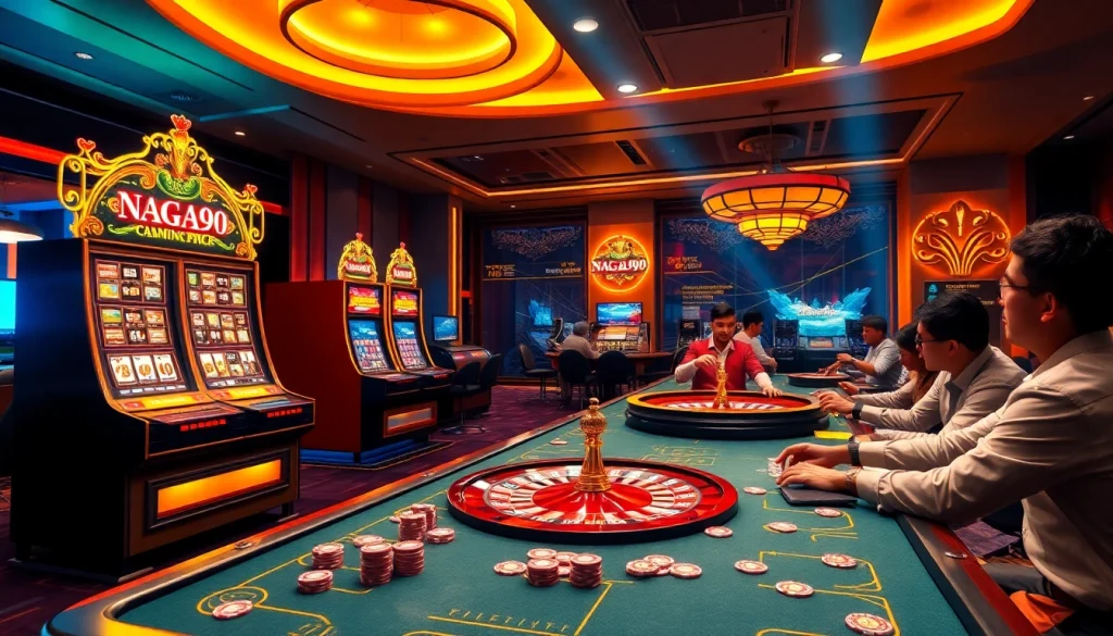 Naga99 gaming interface with slot machines and poker chips showcasing thrilling online gambling.