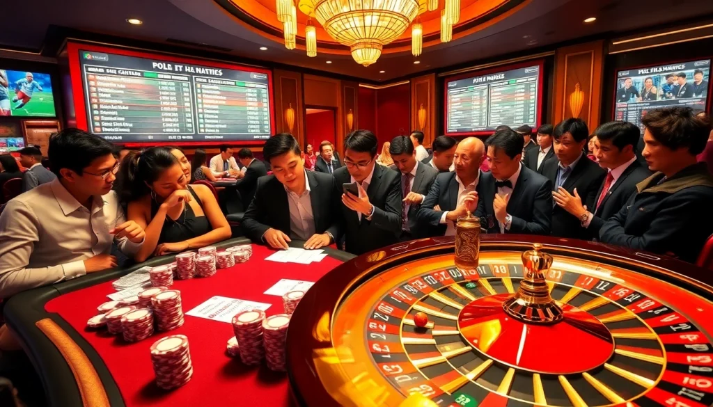 Engaging players analyzing kèo nhà cái at a bustling casino betting table filled with excitement.