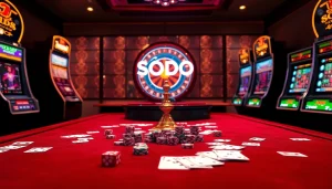 SODO-themed luxurious casino scene with gaming tables, cards, and roulette wheel.