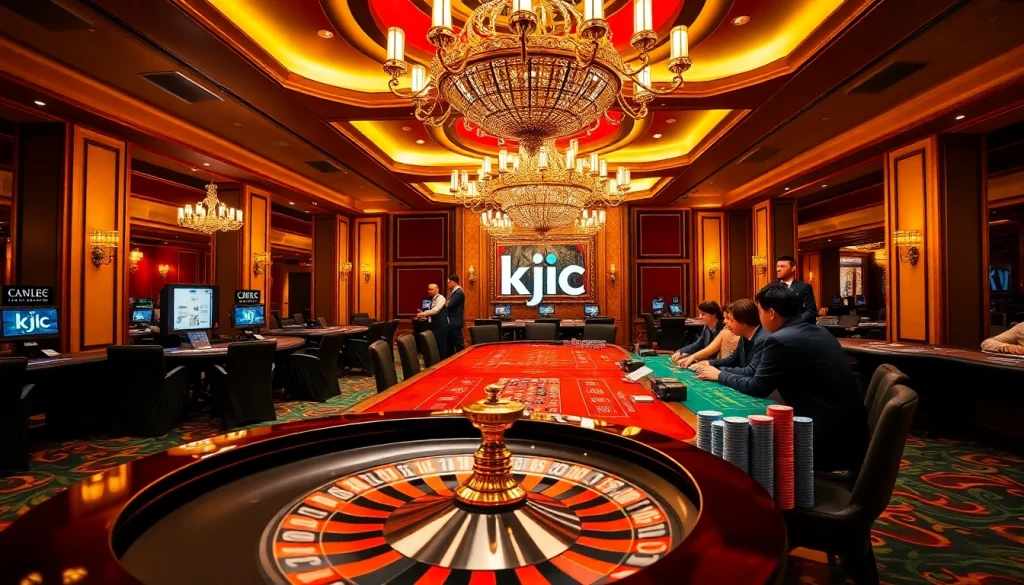 High-stakes poker scene at a luxurious casino featuring kjc branding and rich decor.