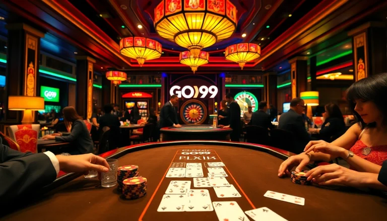 Engage in high-stakes poker action at the luxurious GO99 casino, featuring vibrant gaming tables and excited players.