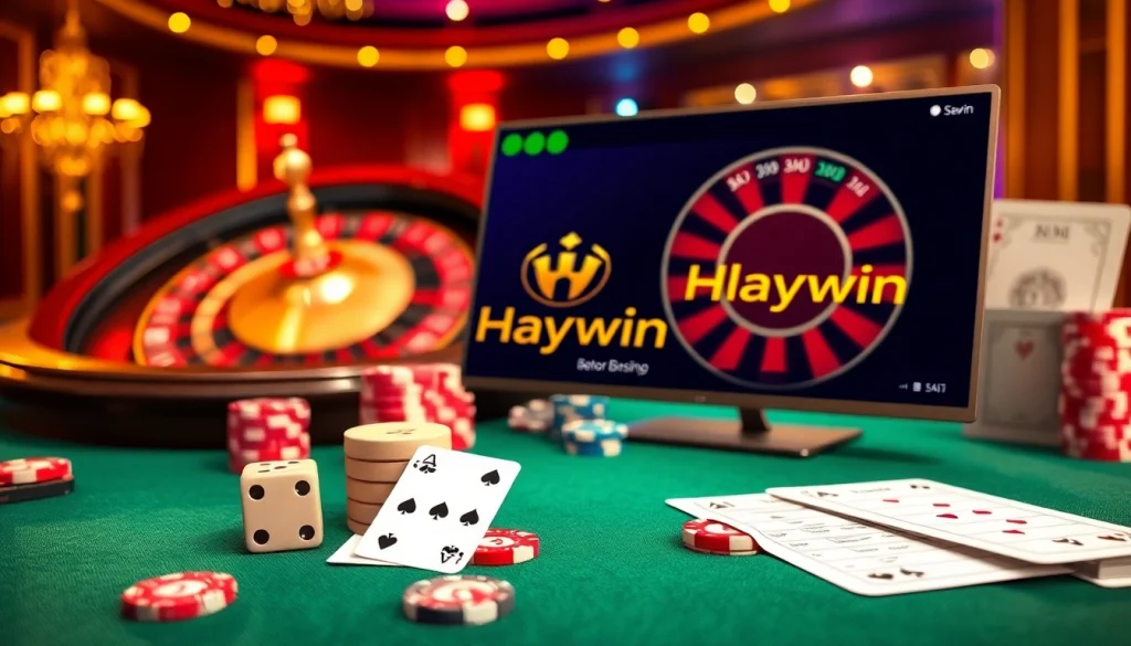 Experience thrilling gameplay at Haywin with vibrant poker chips and a roulette wheel.