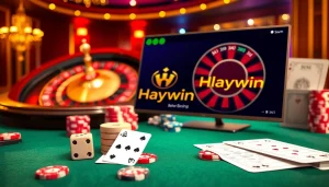 Experience thrilling gameplay at Haywin with vibrant poker chips and a roulette wheel.