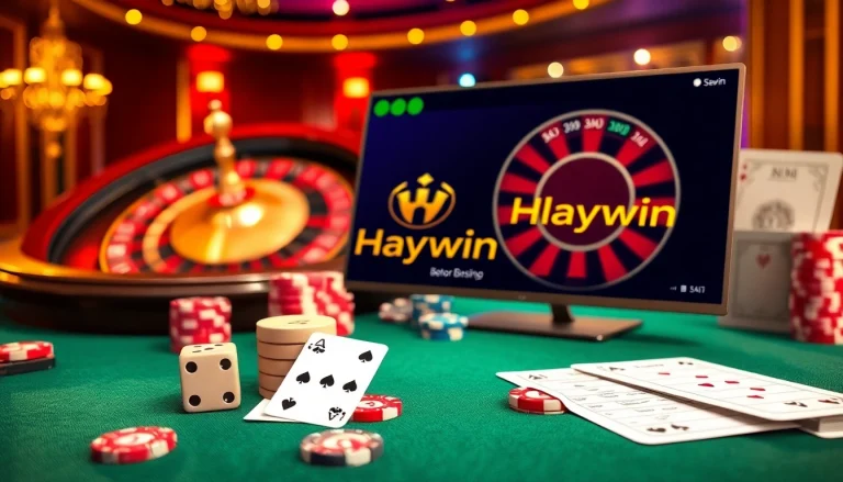 Experience thrilling gameplay at Haywin with vibrant poker chips and a roulette wheel.