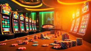 Play exciting idn slot games with luxurious casino elements, including vibrant slot machines and poker chips.