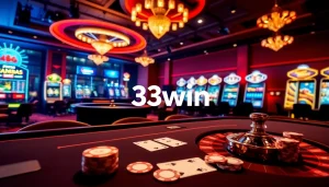 A vibrant casino scene with a poker table, roulette wheel, and slot machines celebrating 33win's gaming experience.