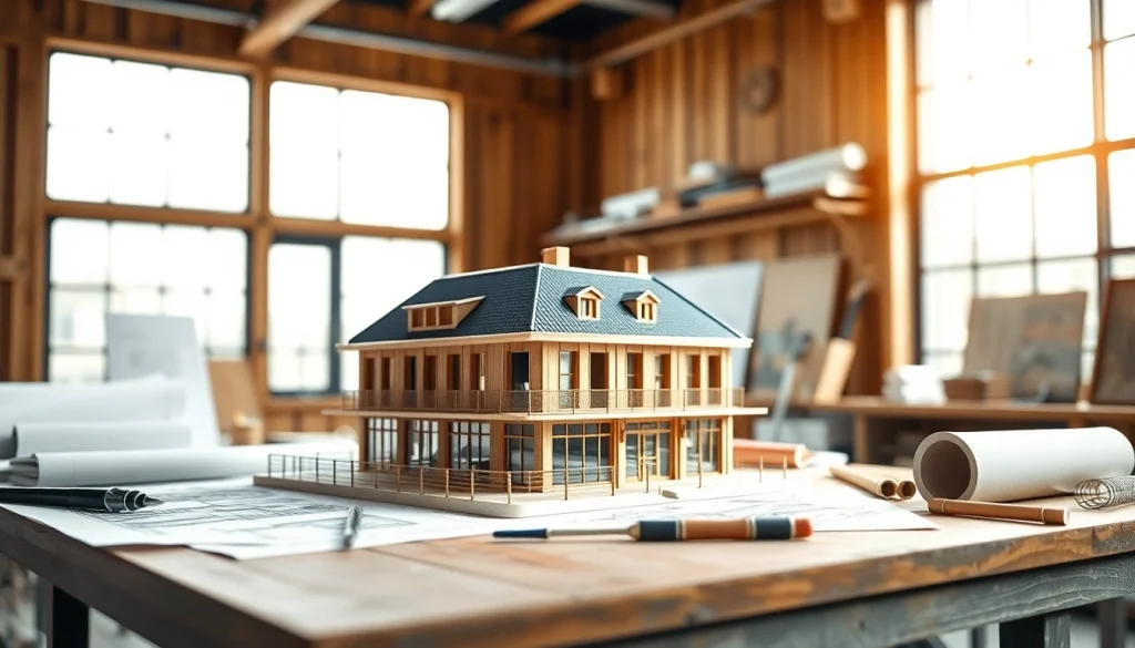 Architekturmodellbau Hannover: Detailliertes Modell in einer hellen Werkstatt, umgeben von Entwürfen.