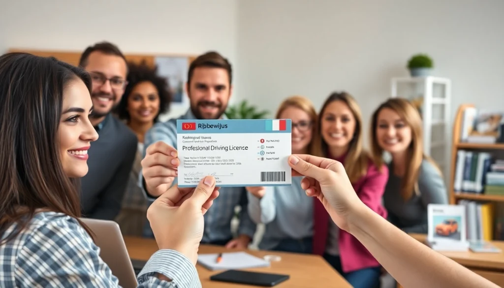 Visual representation of diverse individuals holding a rijbewijs kopen in a professional office setting.