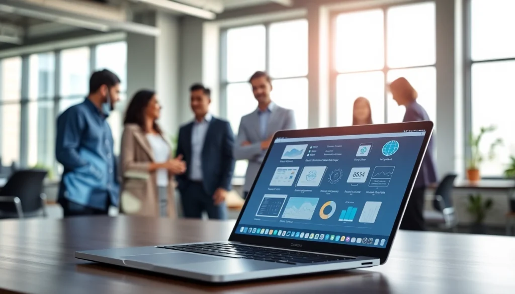 Illustration of SaaS model with professionals collaborating in a modern office setting.