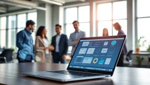 Illustration of SaaS model with professionals collaborating in a modern office setting.