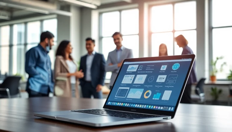 Illustration of SaaS model with professionals collaborating in a modern office setting.