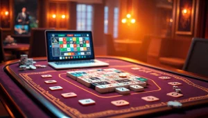 Engaging in רמיקוב אונליין at a stylish casino table with vibrant game pieces and digital interface.