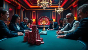 Witness the thrilling poker action at an onicplay casino table, featuring chips and cards in a luxurious setting.