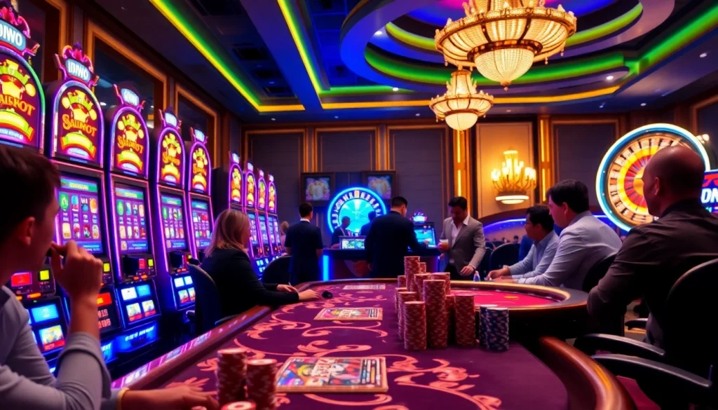 Engaged players enjoying the excitement of idnslot games at a vibrant casino table.