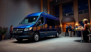 Luxurious VIP Sprinter van hire for events with elegant guests at a sophisticated venue.