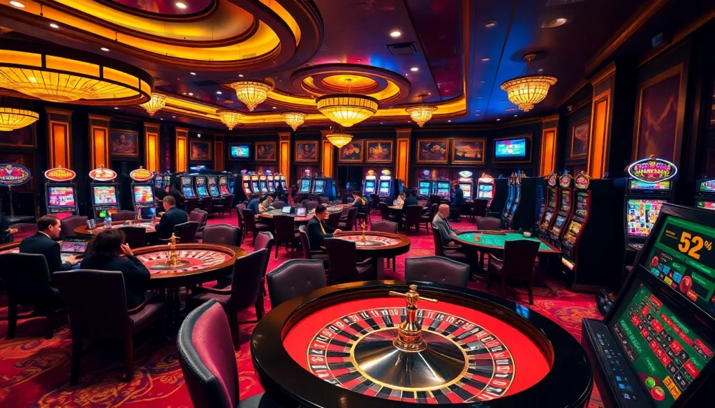 Suasana ramai di lantai permainan kasino mewah yang menghadirkan aksi Datukwin Alternatif dengan pemain yang antusias.