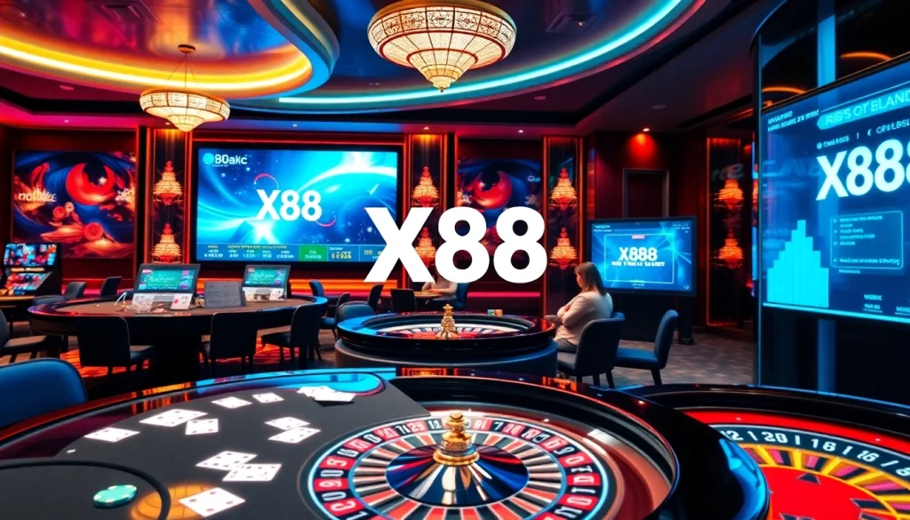 X88 casino scene showcasing online gambling excitement with vibrant tables and dynamic visuals.