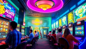 LAGAGAME77 immersive gaming environment showcasing vibrant slot games and engaging players.