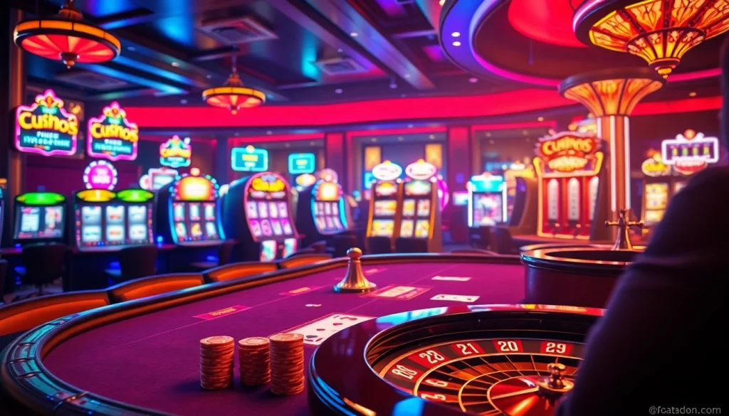 A lively casino atmosphere featuring strategic gameplay elements from the official hidden wiki, showcasing poker and roulette.