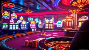A lively casino atmosphere featuring strategic gameplay elements from the official hidden wiki, showcasing poker and roulette.