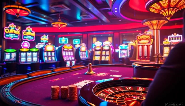 A lively casino atmosphere featuring strategic gameplay elements from the official hidden wiki, showcasing poker and roulette.
