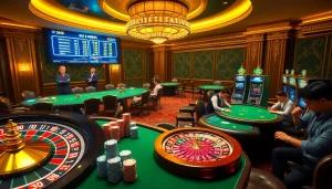 K9k9 game vibrant casino scene with roulette, poker chips, and players cheering.