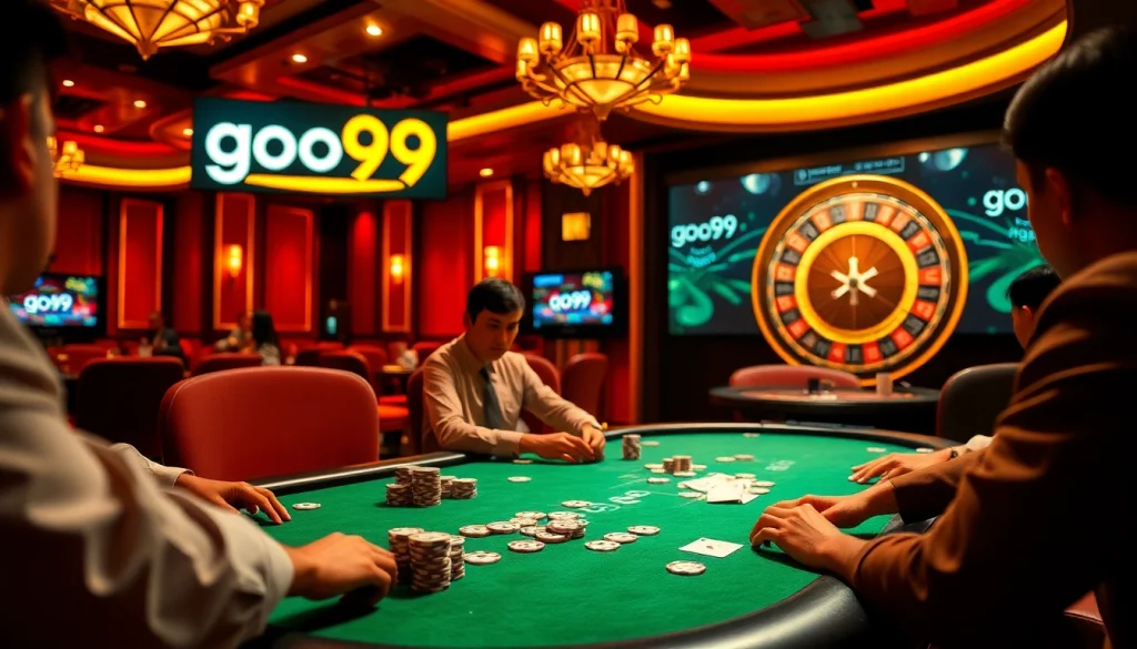 Players passionately gamble at a luxurious casino table, while goo99-themed promotions enhance the experience.