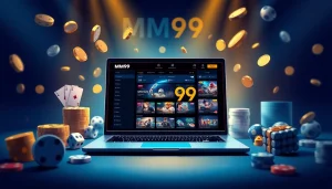 MM99 online gaming platform showcasing a sleek interface and gaming elements like poker cards and dice.