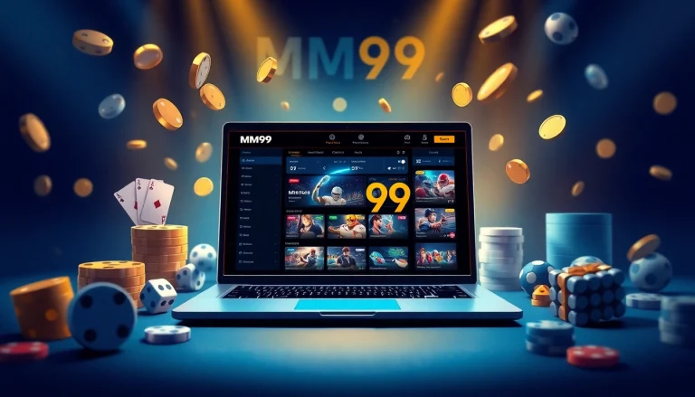 MM99 online gaming platform showcasing a sleek interface and gaming elements like poker cards and dice.