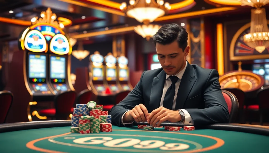 Experience excitement at the GO99 poker table with stacked chips and casino ambiance.