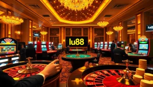 Engaging scene of a luxurious casino with players enjoying poker and slot machines, highlighting lu88 excitement.