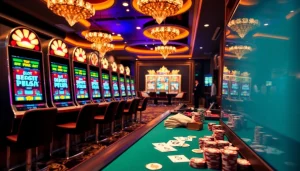 Experience the thrill of playing slot deposit pulsa with vibrant slot machines illuminating the casino.