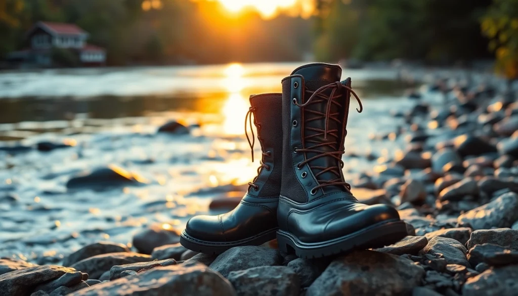 Showcasing fly fishing boots on a riverbank, highlighting their design and outdoor durability.