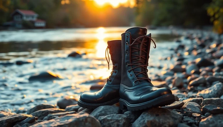 Showcasing fly fishing boots on a riverbank, highlighting their design and outdoor durability.