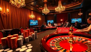 Players enjoy high-stakes poker in a vibrant casino scene featuring indoxxi-themed décor and luxurious ambiance.