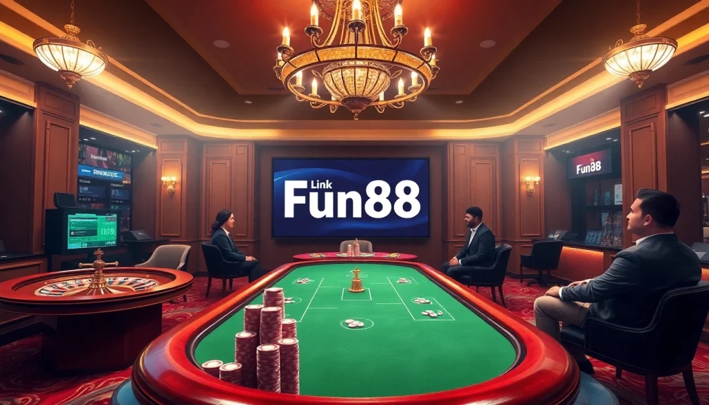 Exciting online gambling scene featuring the Link Fun88 mới nhất with poker chips and a roulette wheel.