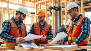 Construction apprenticeship program highlighting apprentices collaborating on-site with tools and blueprints.