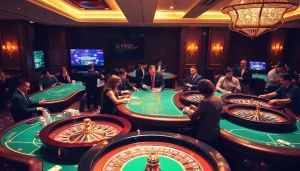 Engaged players enjoying a vibrant KP88 casino experience with poker chips and roulette wheels.