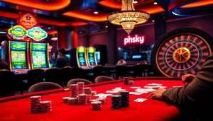 Exciting poker action at PHSKY casino with colorful chips and focused players.