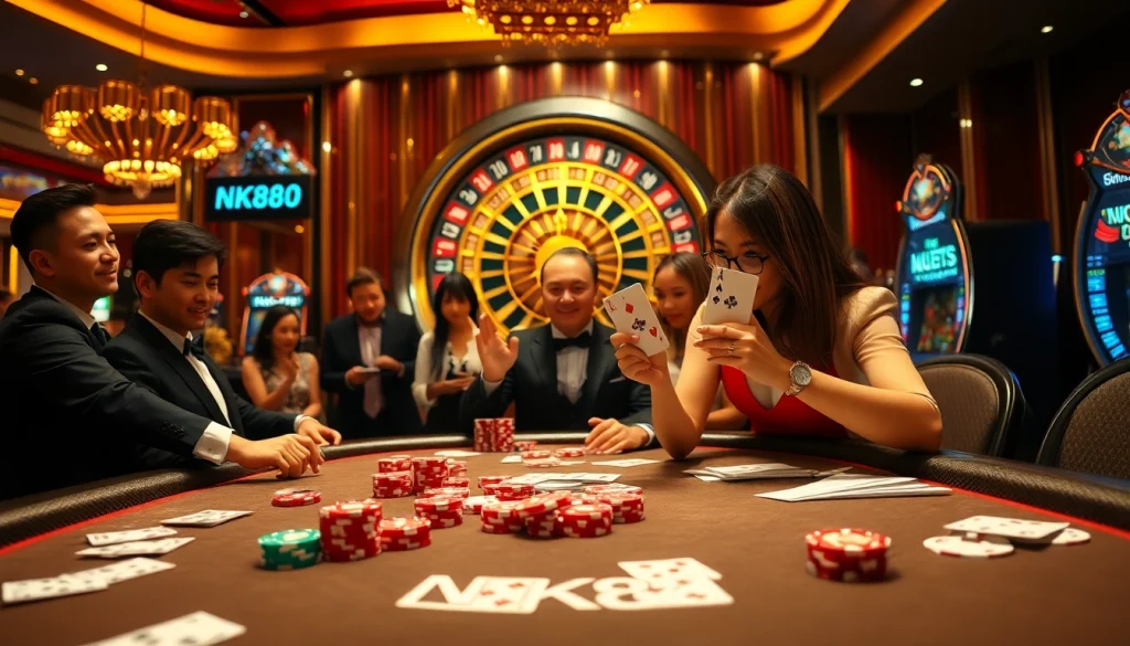 Exciting gameplay at a casino table featuring NK88 poker chips and cards in use.