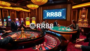 Players engaging in a thrilling roulette game at RR88 casino with vibrant slot machines in the backdrop.