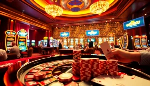 Engage with high-stakes action at https://go8.lat/ featuring poker chips, roulette wheel, and excited players in a luxurious casino setting.